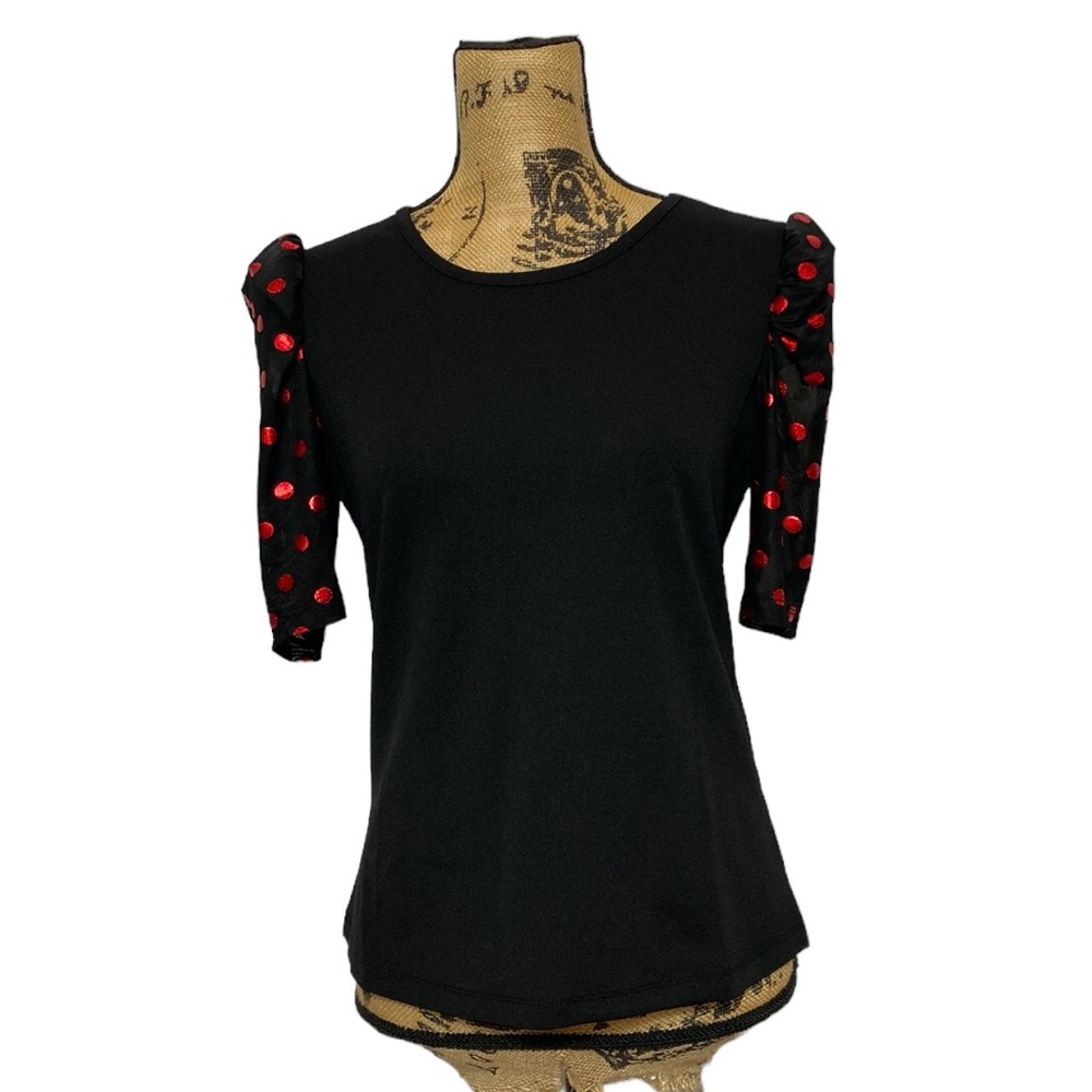 NWT Black Red Polka Dot Puff Sleeve Shirt S